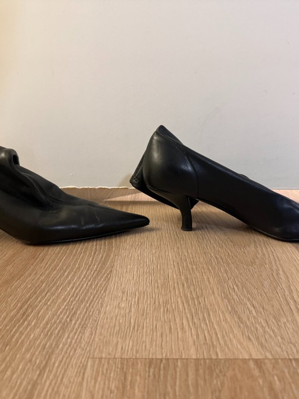 Toteme Pointed Toe Slouch Kitten Heel Leather Boots Black 40